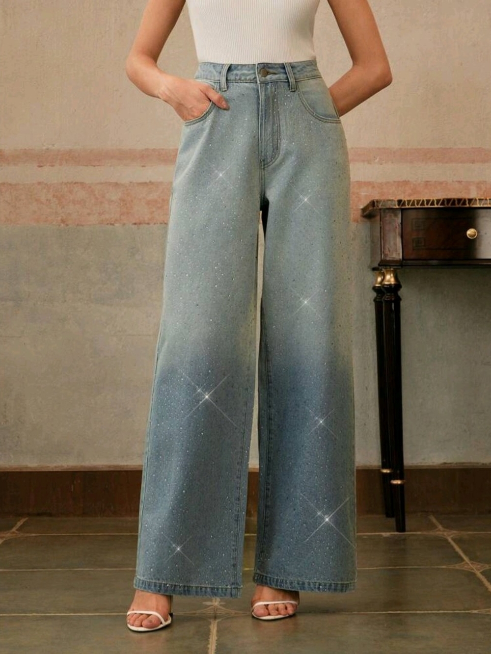 Wide Leg High-Rise Jeans in Light Blue with Sparkle